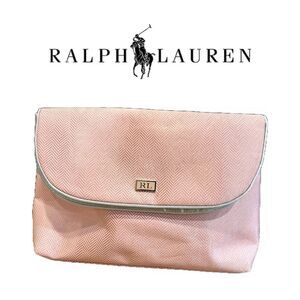 Ralph Lauren Chevron Pattern Light Pink and Gray Satin Lined Cosmetic Bag‎